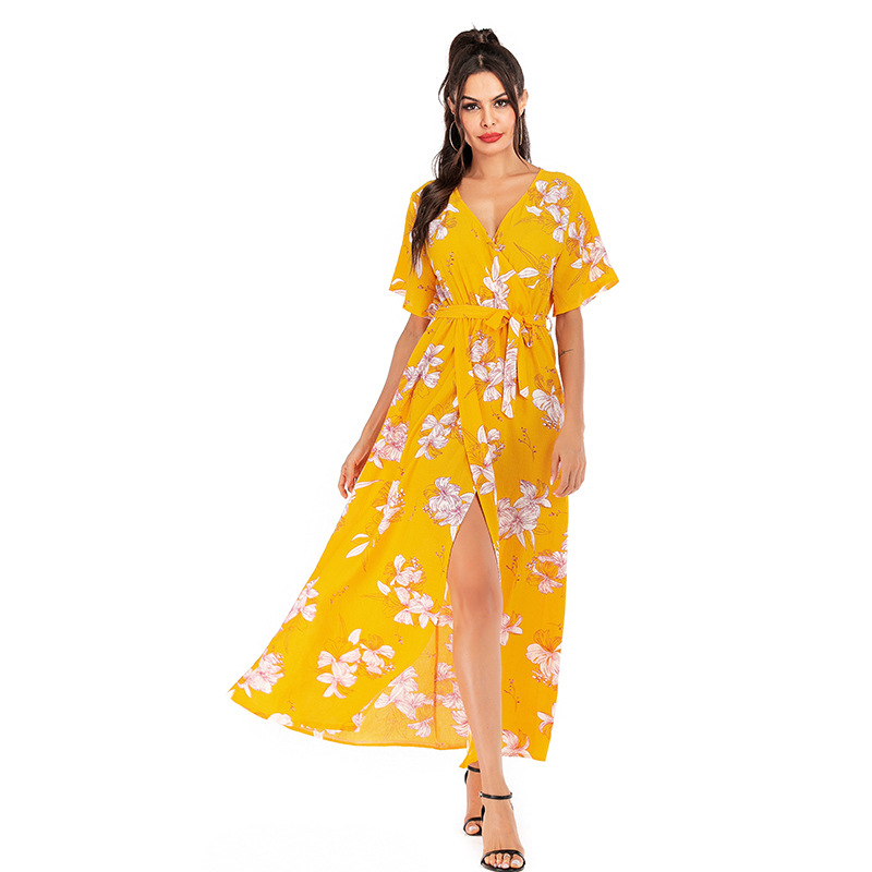 Chiffon Maxi Dress Floral Print V Neck Summer Style Perfect for Beachwear Wholesale Available