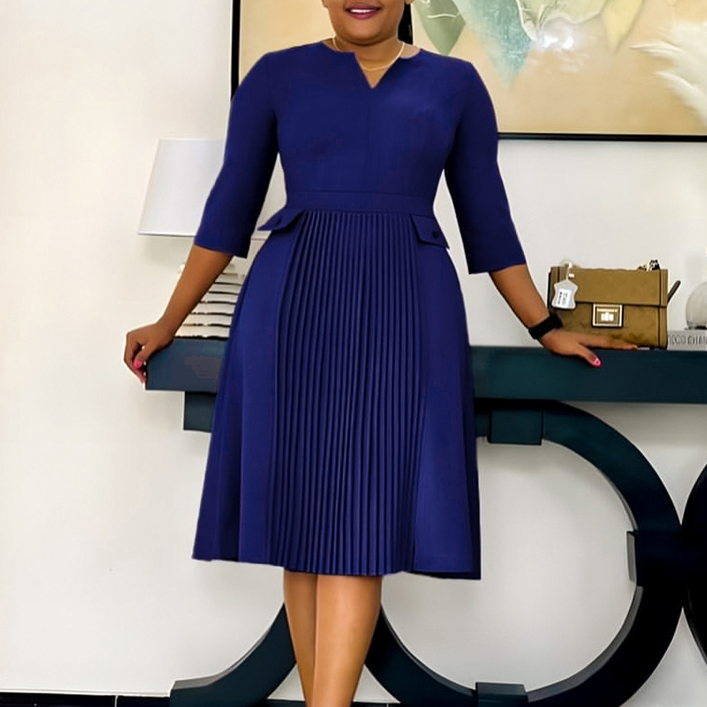 Plus Size Fashion Dress for Women, Solid Color, 3 4 Sleeve, Pleated Design, African Style, Cross Border Clothing, Wholesale