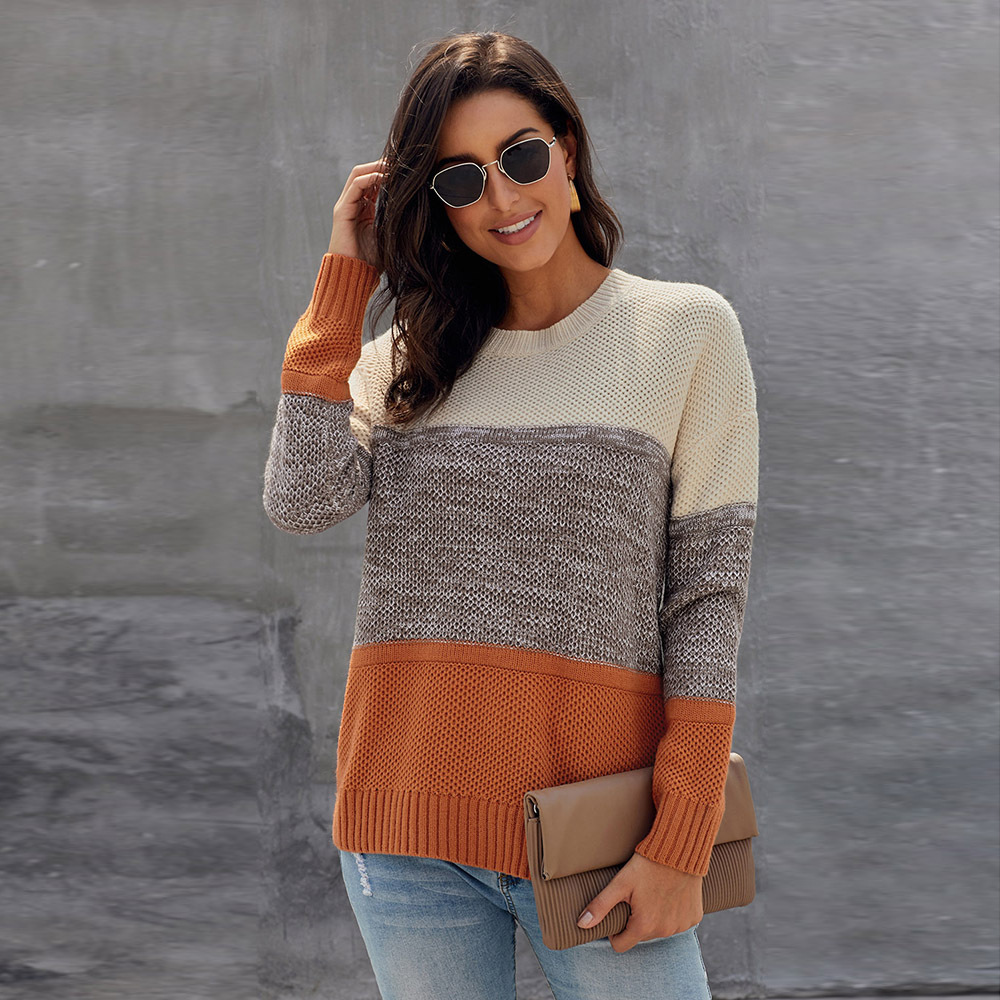 Womens Color Block Sweater Loose Fit Round Neck Long Sleeve Knitted Autumn Winter Fashion Wholesale Available