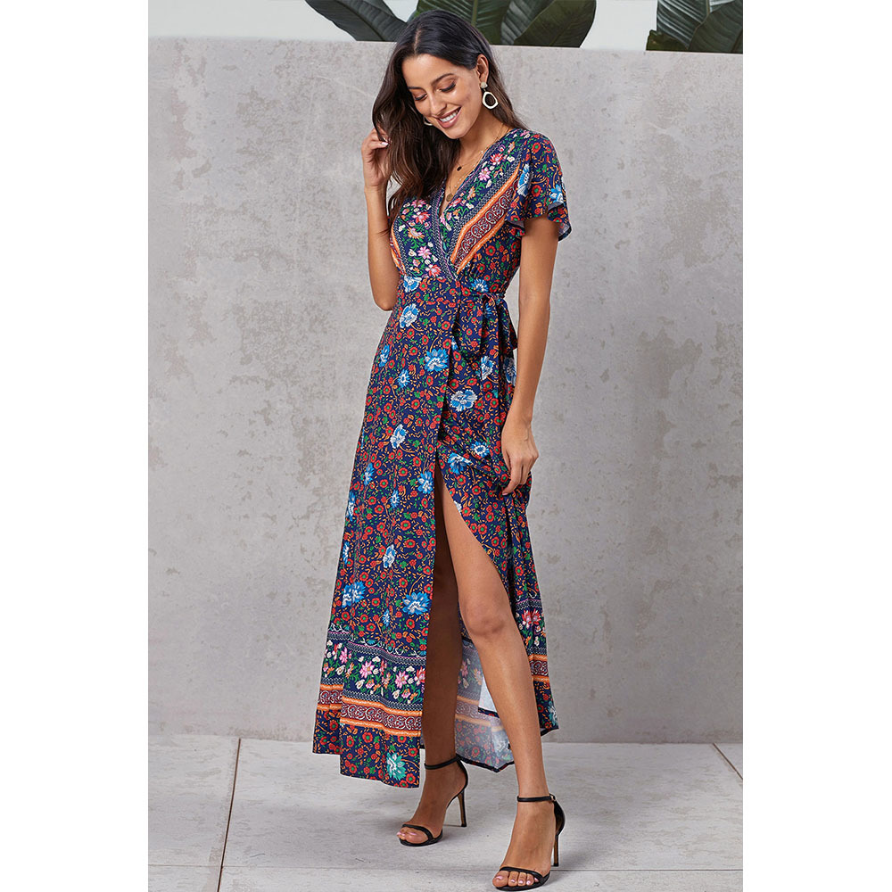 Womens Wrap Dress Sexy V Neck Short Sleeves High Waist Floral Print Midi Length Perfect for Summer Events