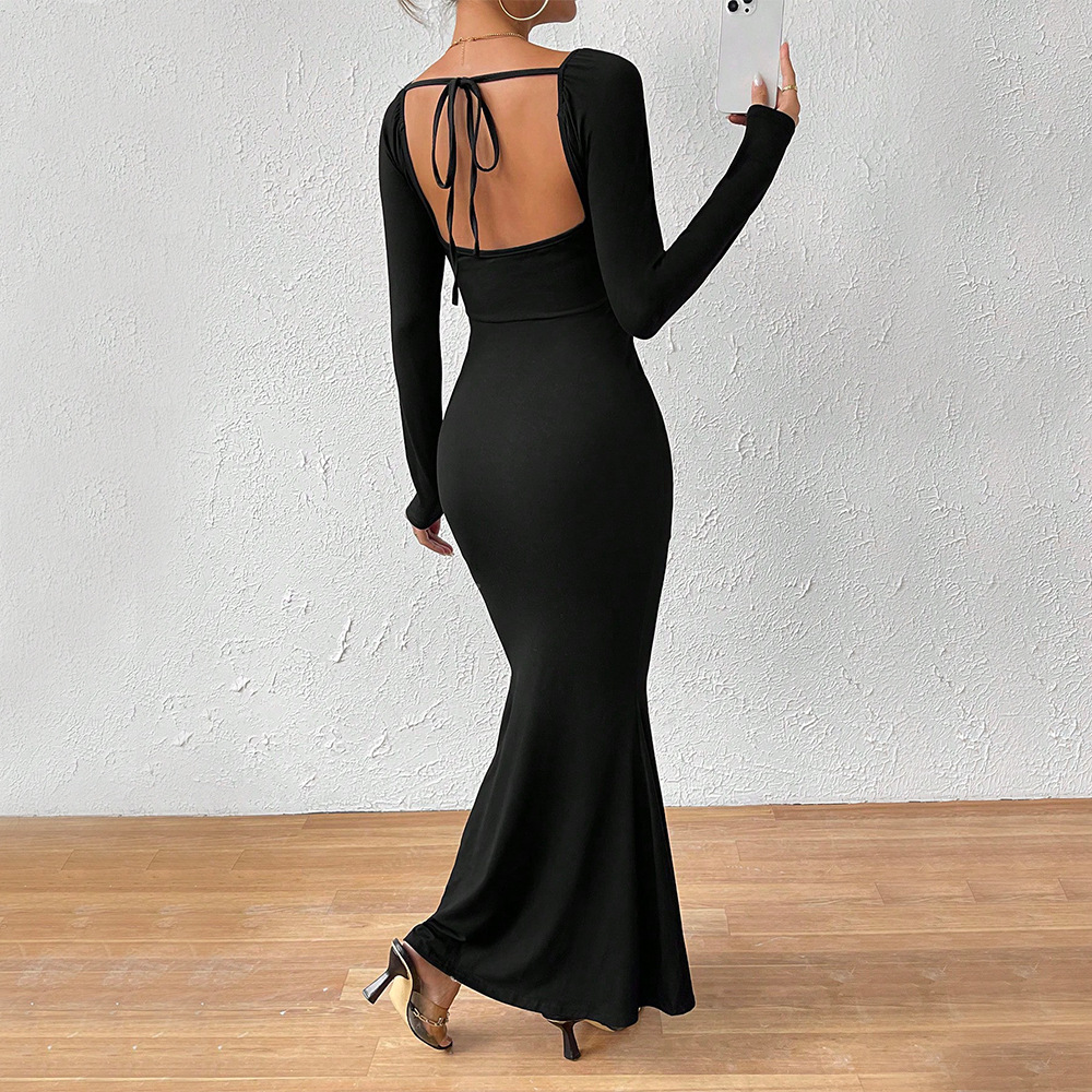 Sexy Elegant Front Tie Large U Neck Slim Fit Long Sleeve Bodycon Long Dress