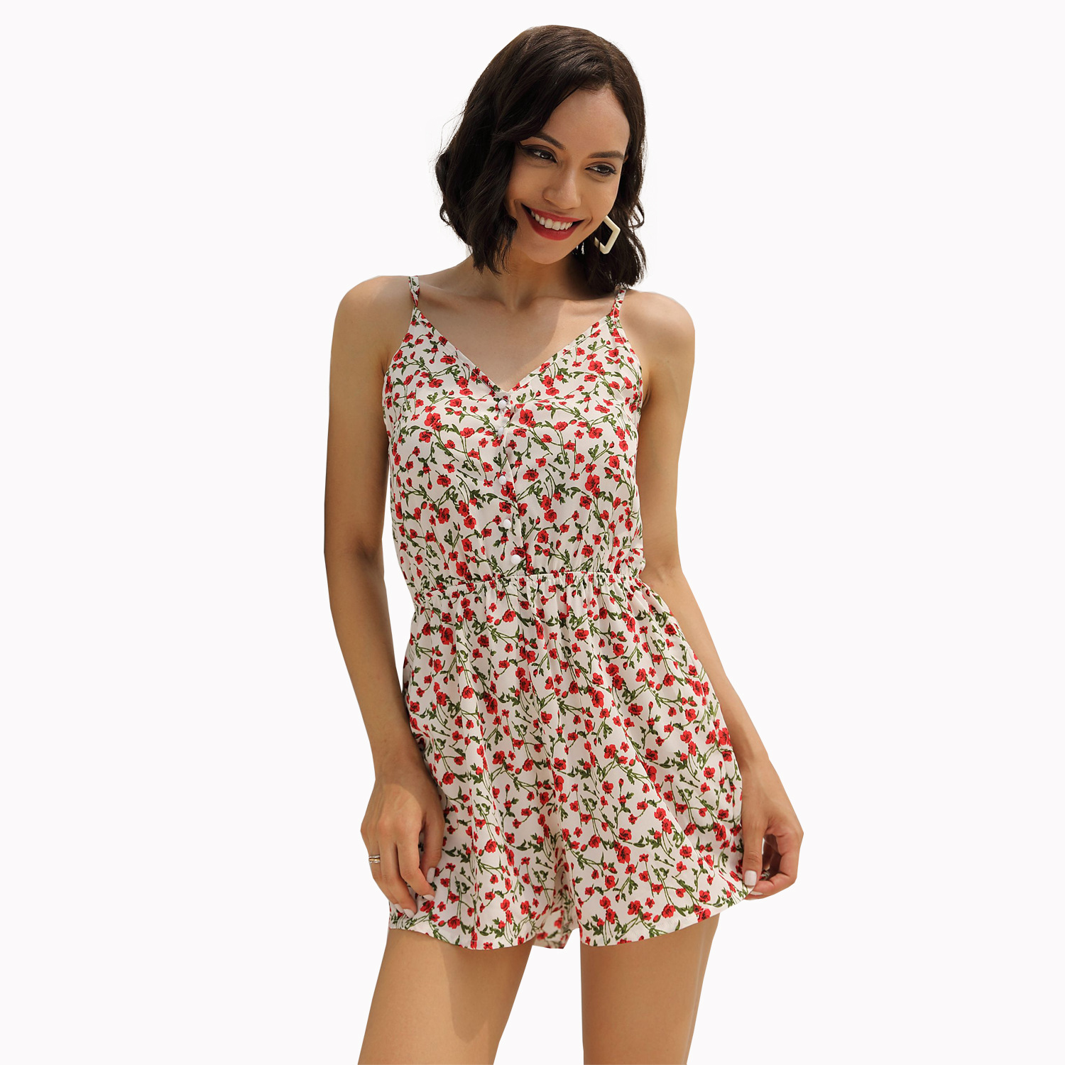 Womens Floral Print Button Down Jumpsuit Casual Sleeveless Design Comfortable Fabric Perfect for Vacation Wholesale