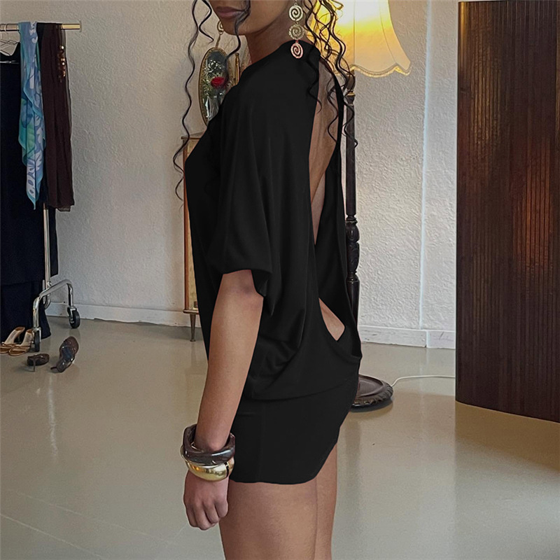 European and American Cross border Summer New Women's Fashion Sexy Short Sleeve Round Neck Solid Color Backless Bodycon Dress