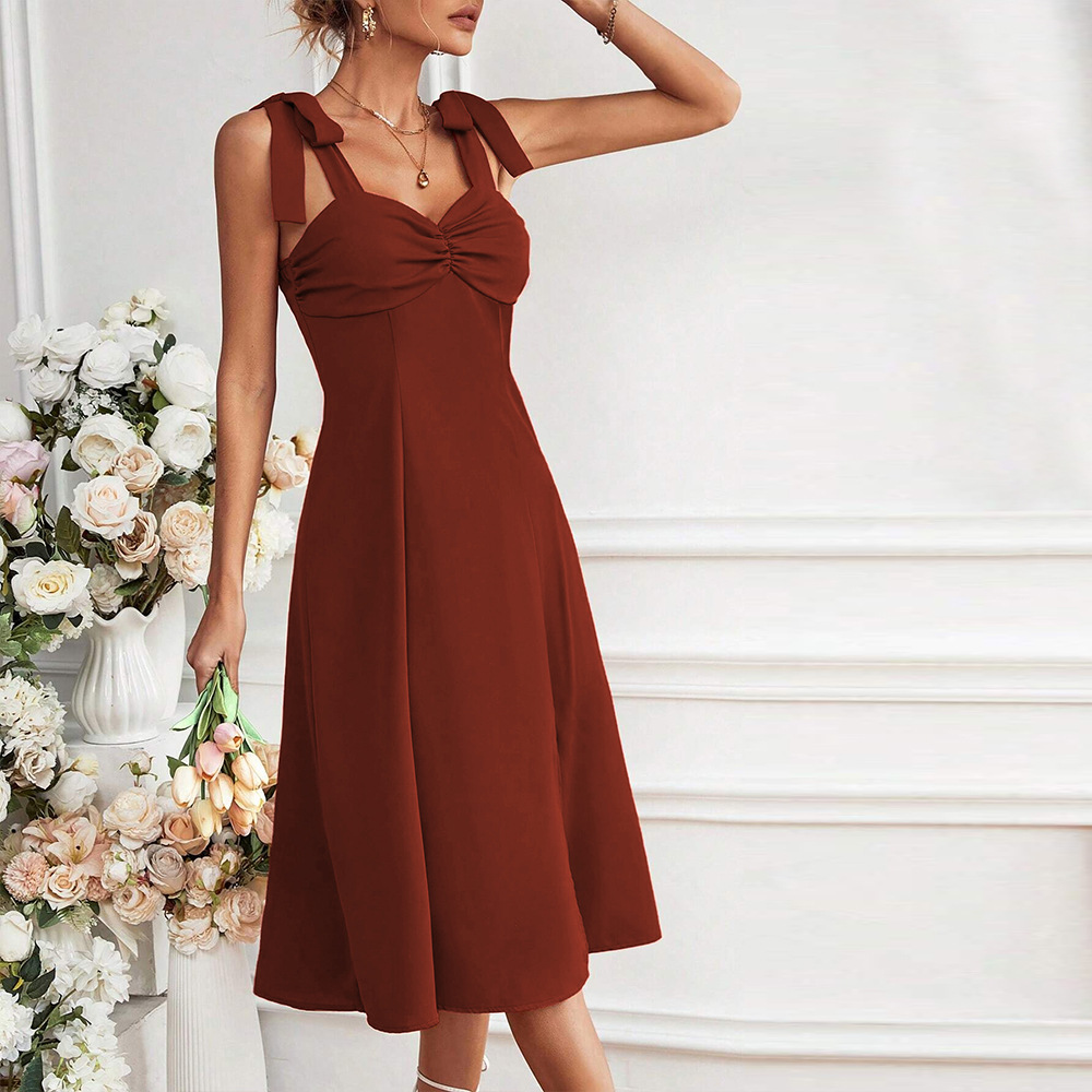 European and American Market, Women's Mid Length Dress — Fashionable Design, Pleated Front, Waist Defining, Side Slit — Casual