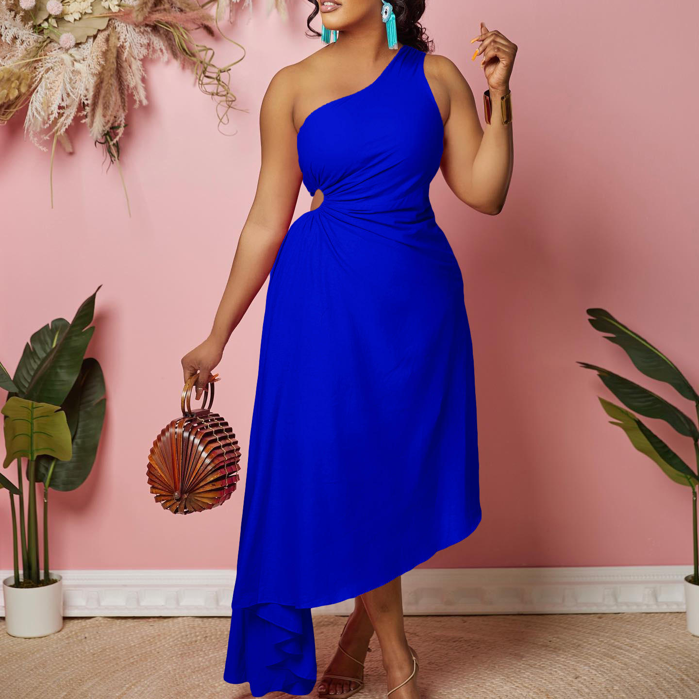 New Women's Plus Size Hollow Out Solid Color Irregular Hem One Shoulder Dress for Cross Border Fashion in Europe and America