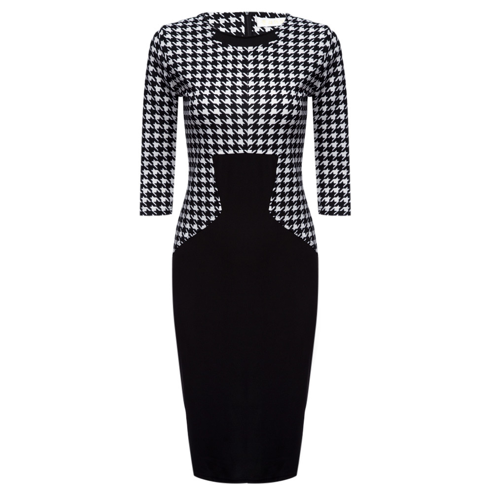 Houndstooth Pattern Midi Dress Slim Fit Short Sleeve Casual Style Perfect for Spring and Summer Wholesale Available