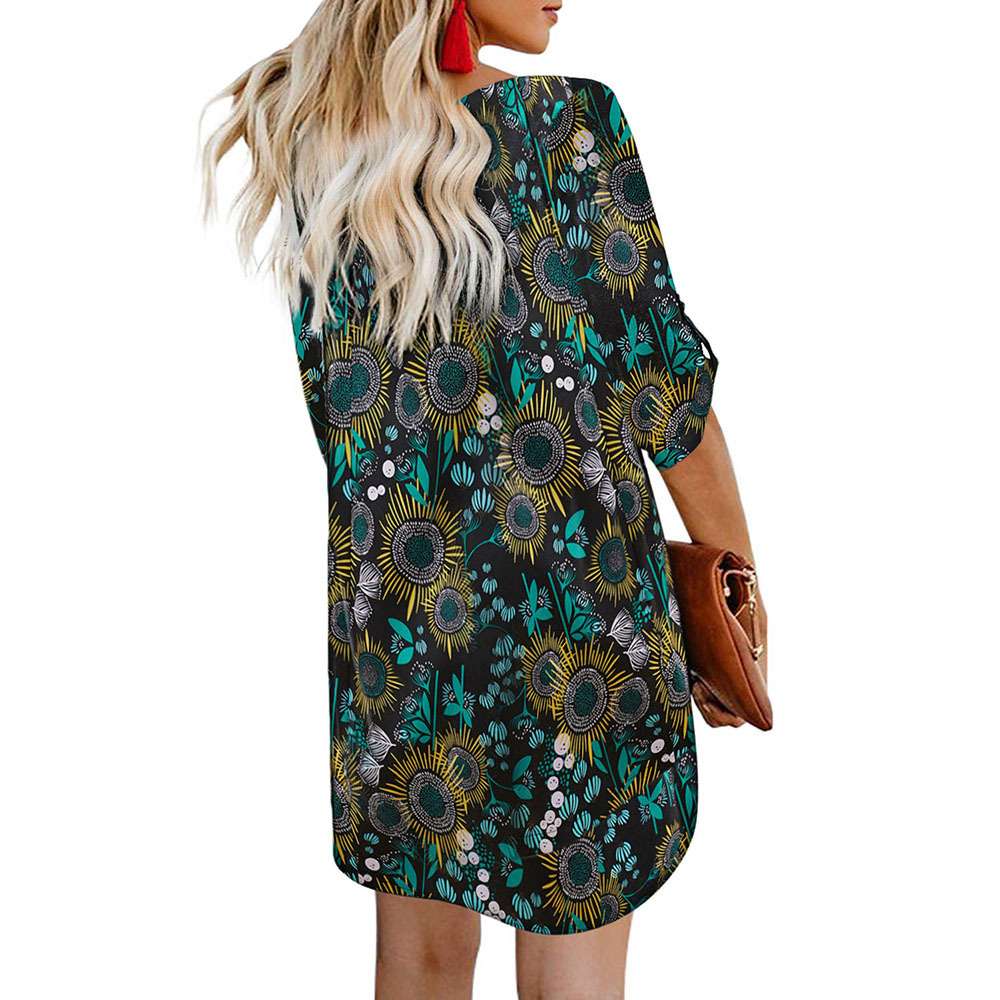Womens Loose Fit Floral Print Dress 3 4 Sleeve V Neck Comfortable Fabric Casual Wear or Summer Outing OEM Available