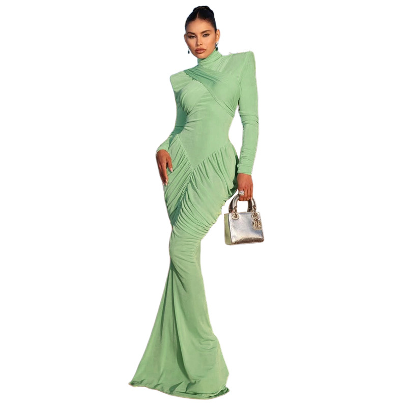 Fashionable Women's High Neck Solid Color Long Sleeve Backless Ruched Bodycon Dress for Autumn and Winter Season