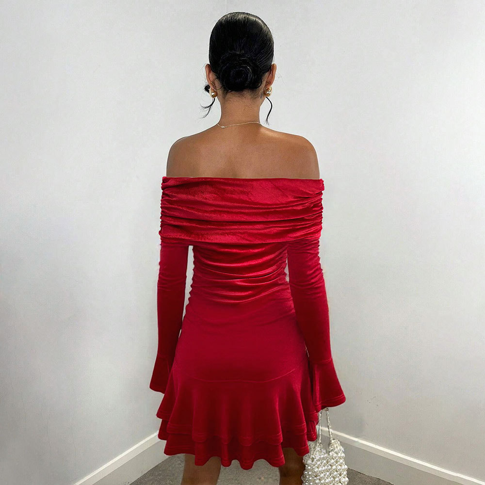 Cross border European and American Autumn Winter New Velvet Sexy Off shoulder Ruffle Long Sleeve Bodycon Dress for Women