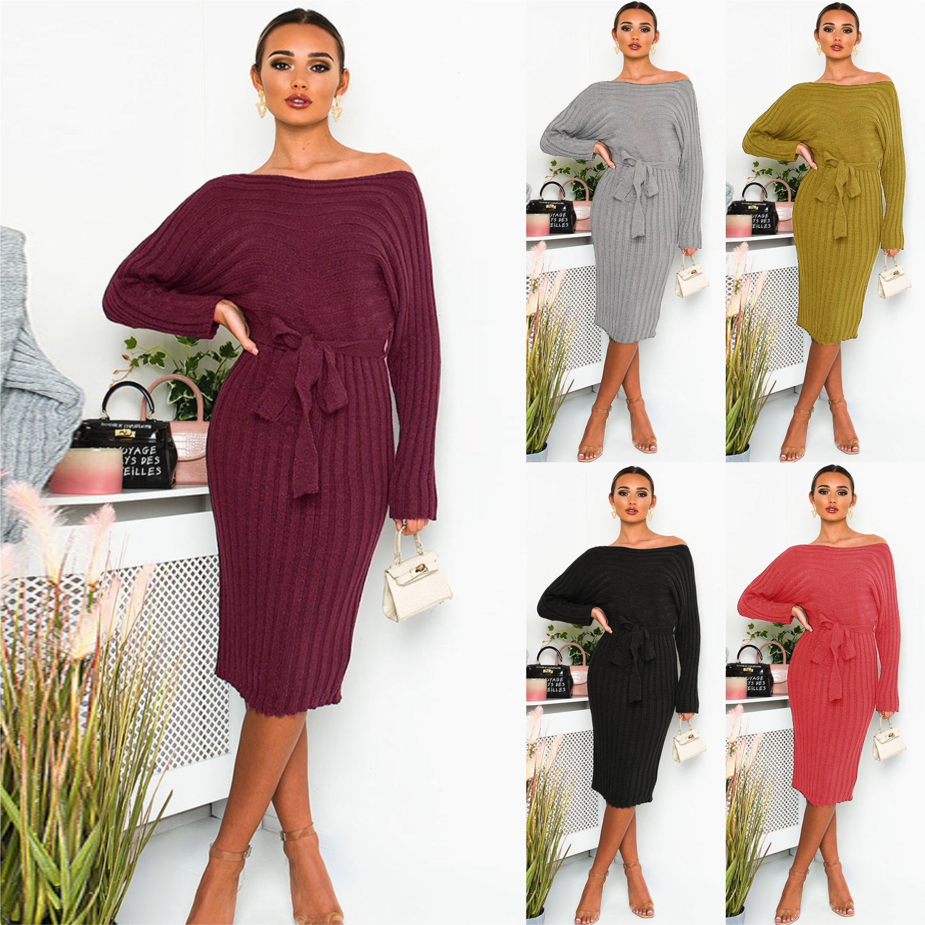 Womens Long Sleeve Knit Dress Mid Length Casual Style Comfortable Fabric Spring Summer Collection Wholesale