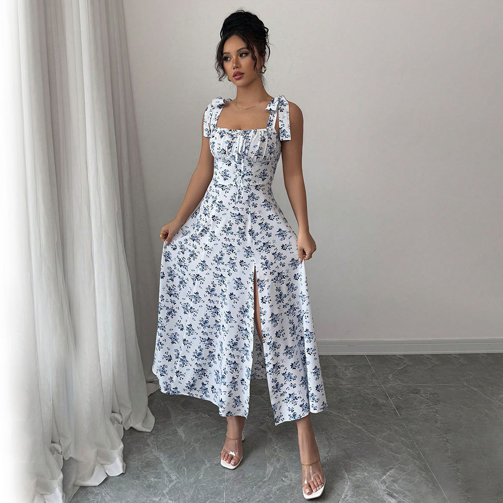 Sweet Square Neck Floral Print Sleeveless Split Long Dress for Summer