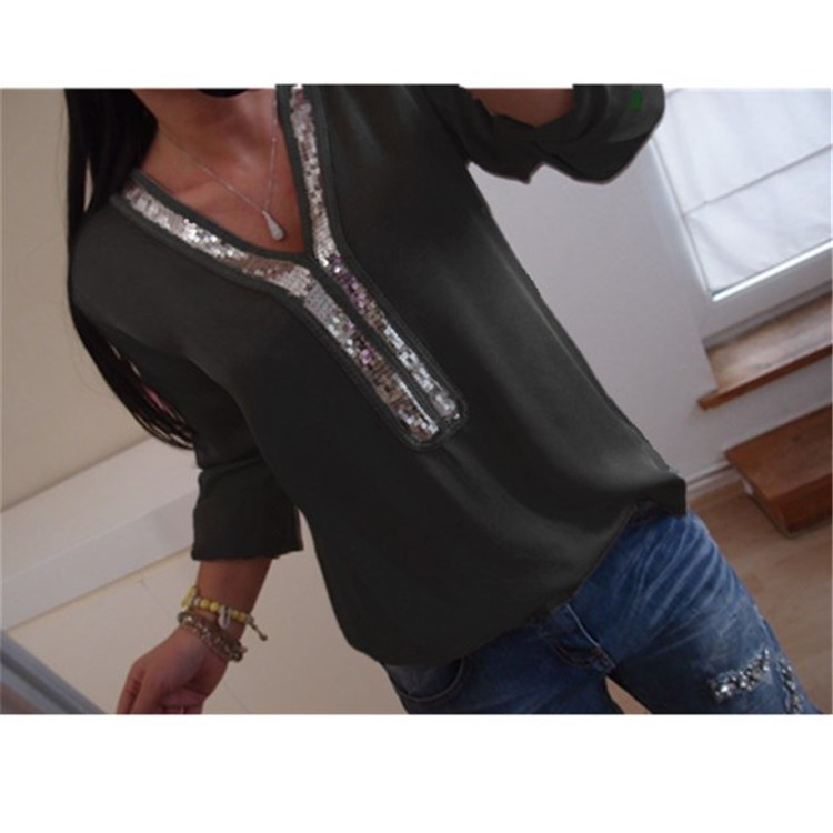 Casual Womens T Shirt Solid Color V Neck Sequin Detail Long Sleeve Plus Size Everyday Wear Wholesale Available