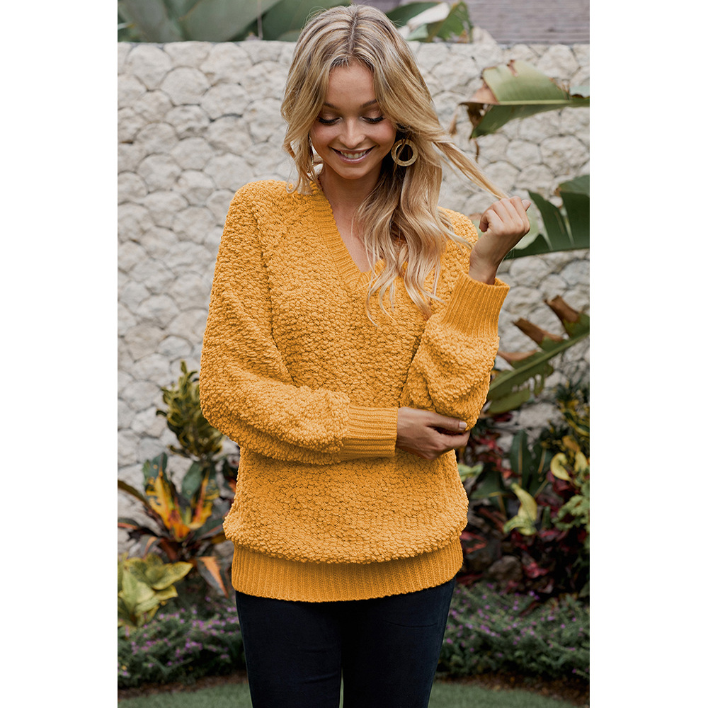 Womens V Neck Ribbed Knit Sweater Long Sleeve Solid Color Cozy Fabric Autumn Winter Casual Wear Wholesale