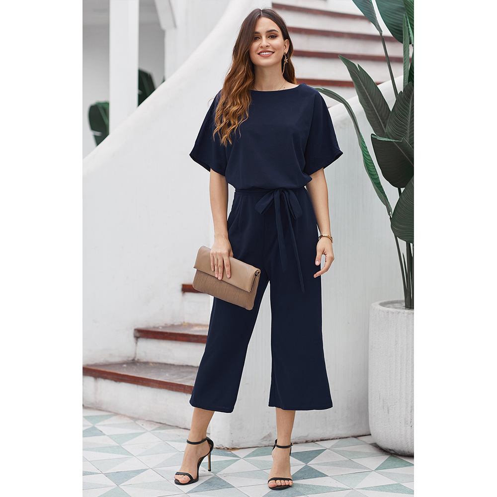 High Waisted Loose Wide Leg Jumpsuit for Women Short Sleeve Solid Color European Style Summer Casual Wear Wholesale