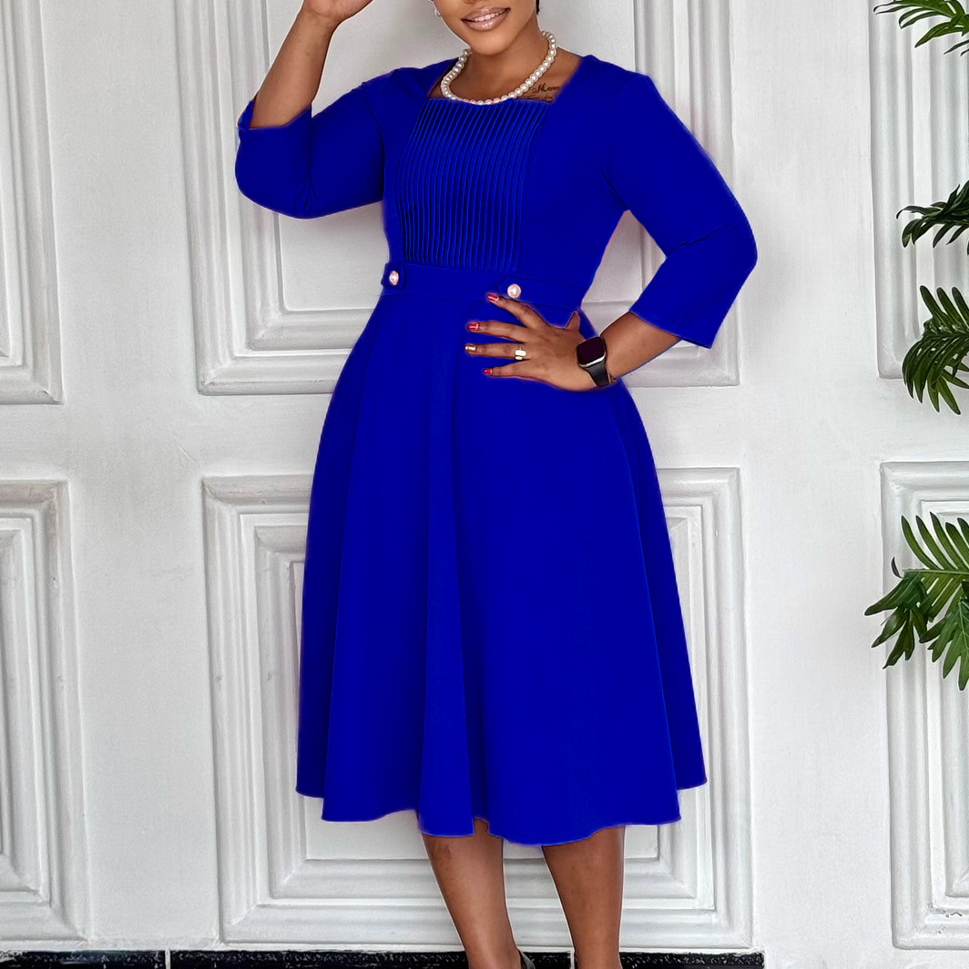 Plus Size Women's Fashion Dress with Square Neck, Solid Color, Pleated Design, High Waist, Trendy African Style for Internatio