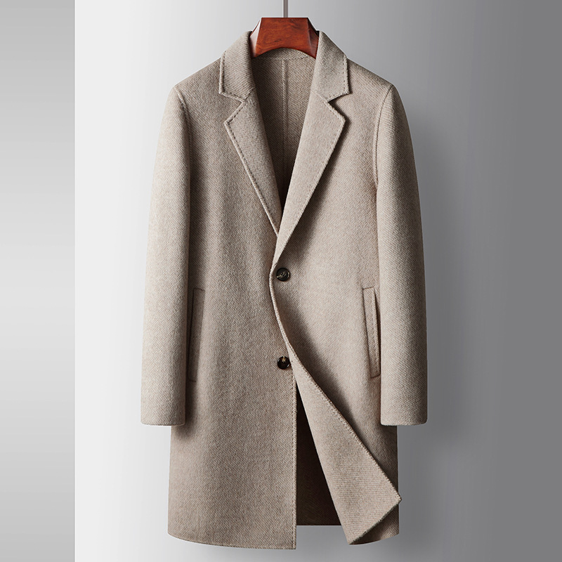 Handmade Double sided Wool Men's Coat Autumn Winter Mid length Youth Luxury Business Wool Overcoat