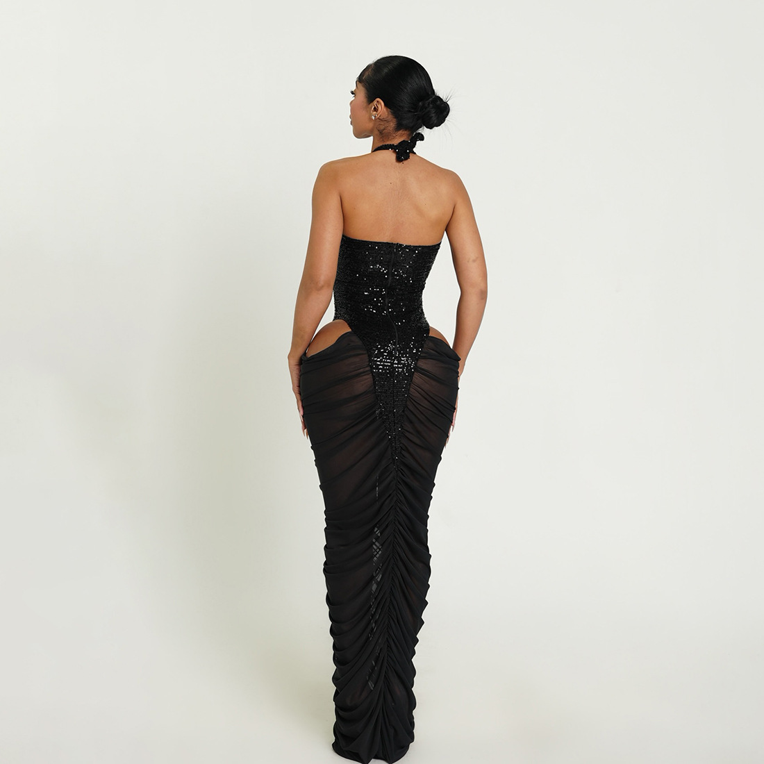 European and American Cross border Autumn and Winter New Women's Fashion Sequin Splicing Sexy Mesh Sheer Ruched Bodycon Dress