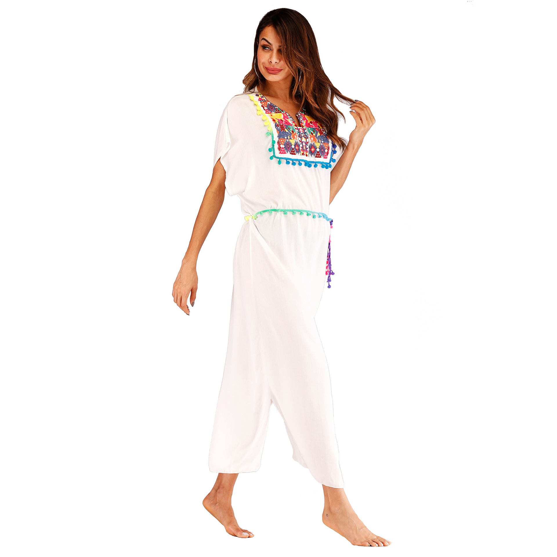 Embroidered Colorful Tassel Split Long Beach Cover Up Dress Stylish Bohemian Design Perfect for Summer Vacations
