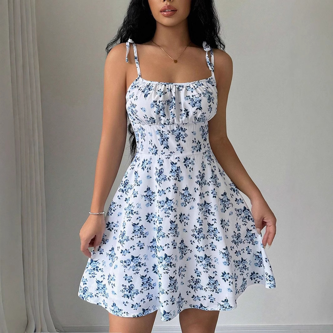Floral Print Short Dress Sleeveless Square Neck Summer Style Casual Wear for Women Wholesale Available