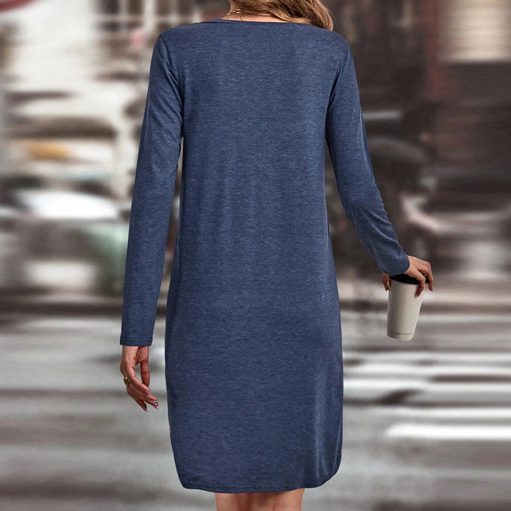 Loose Casual V Neck Solid Color Long Sleeve Dress for Women