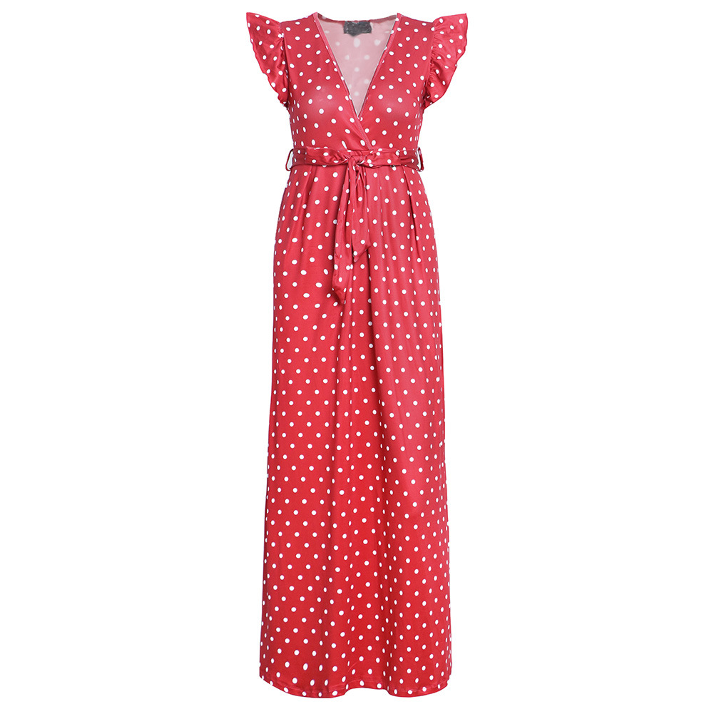 V Neck Ruffle Sleeve High Waisted Dress Polka Dot Print Elegant Style Perfect for Spring Summer Wholesale Available