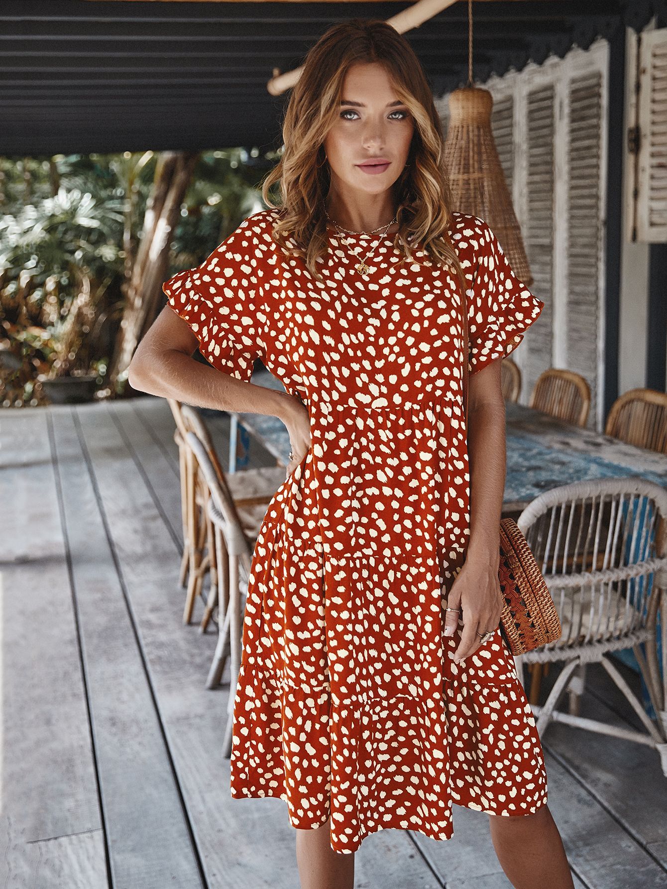 Designer Spring Dress Ruffle Sleeve Polka Dot Elegant Fit Perfect for Casual Outings Wholesale Available