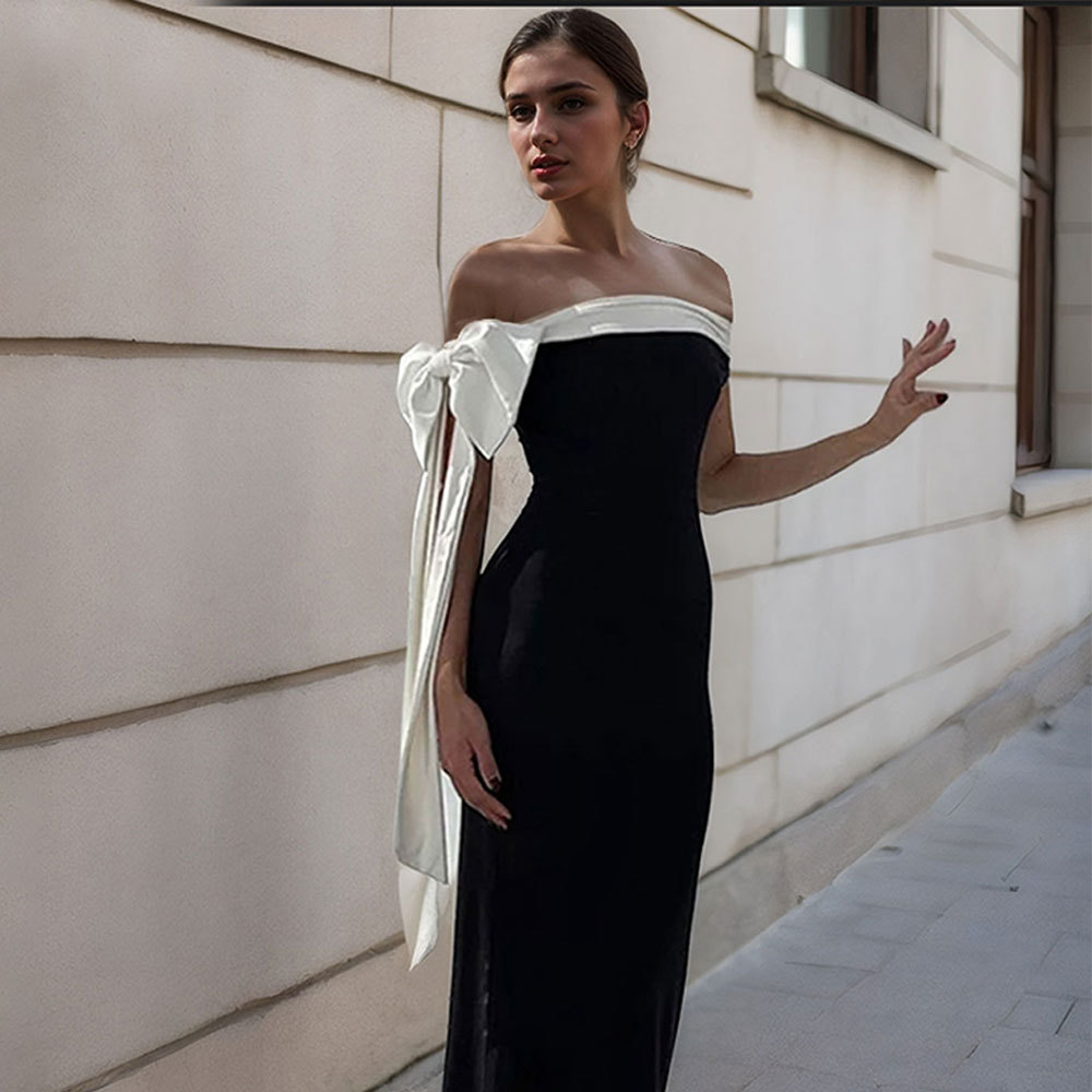 Summer New Fashion Elegant Off Shoulder Strap Slim Solid Color Dress