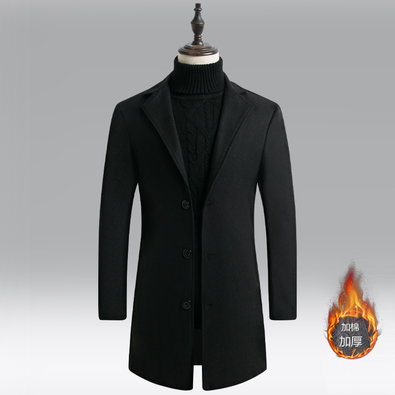 Men's Woolen Coat Autumn and Winter Korean Slim Fit Cotton Padded Mid Length Trench Coat