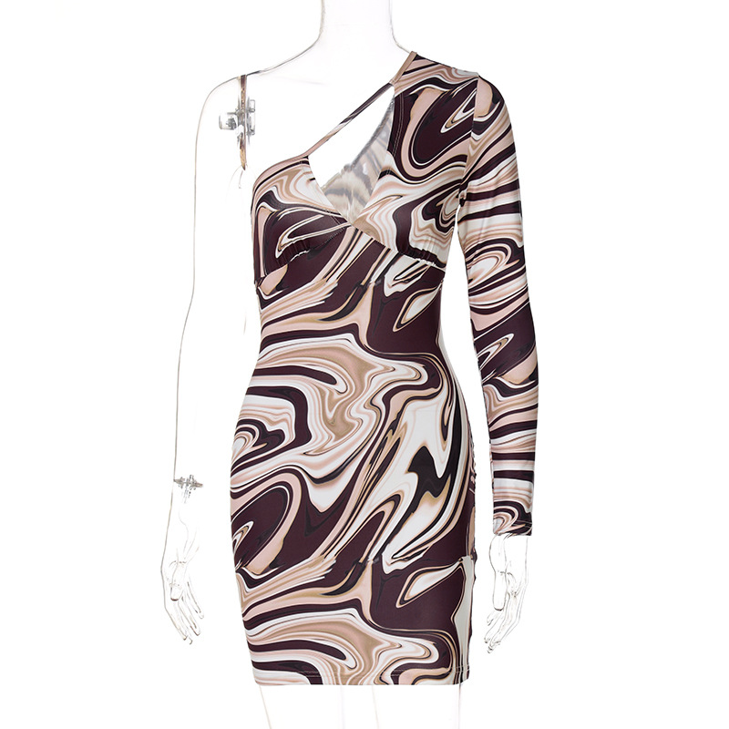 Summer Womens One Shoulder Long Sleeve Bodycon Dress Water Wave Print Trendy Design Perfect for Parties Wholesale