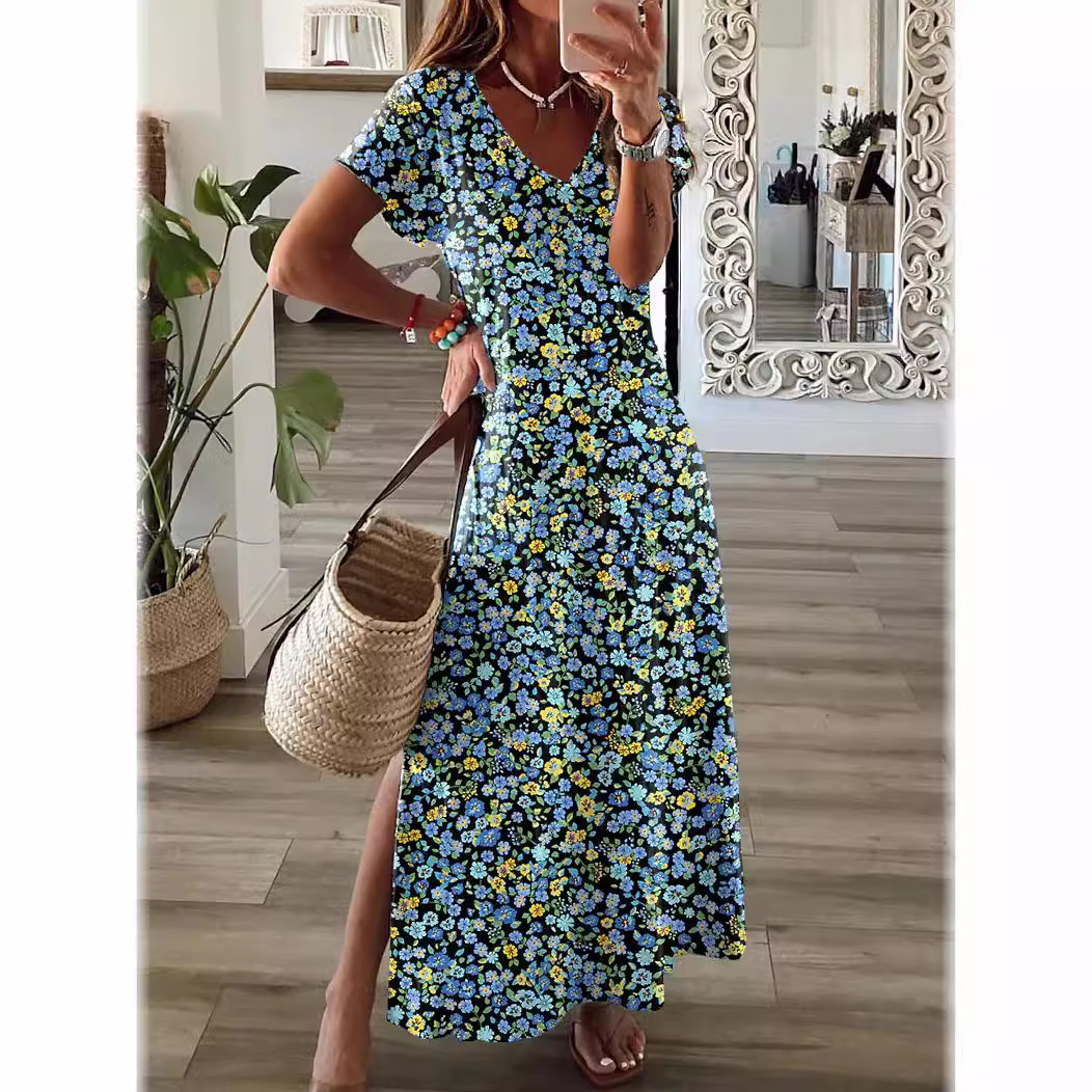 Womens Floral Casual Vacation V Neck Split Maxi Dress Lightweight Fabric Trendy Design Perfect for Summer Wholesale