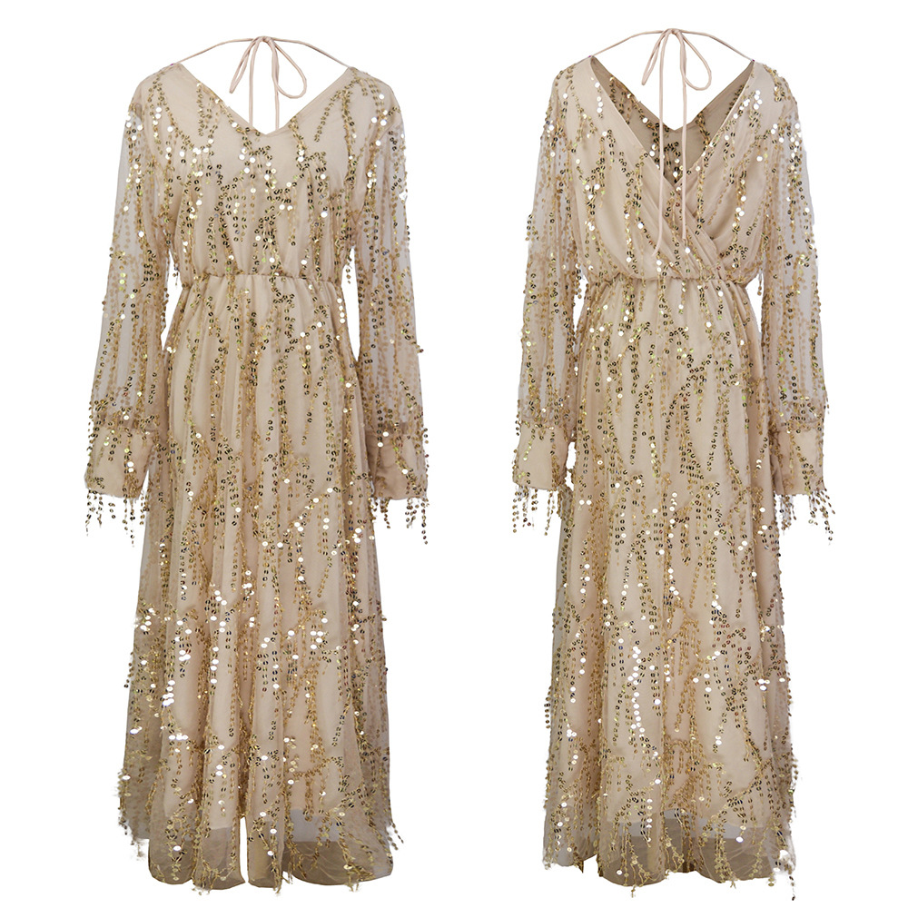 Long Sleeve Sequin Fringe Maxi Dress for Women Spring Summer Fashion Elegant Evening Wear Wholesale Available
