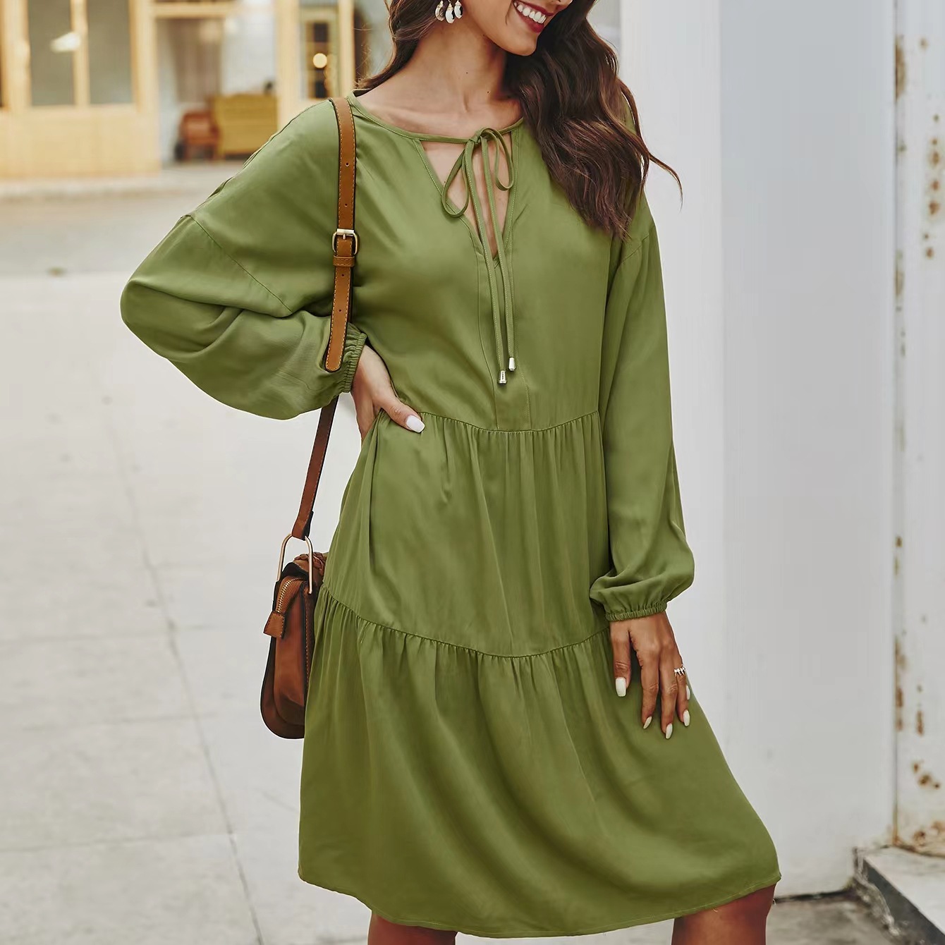 In Stock Cross Border New Long Sleeve High Waist Loose V Neck Solid Color Splicing Mid Length Tie Dress