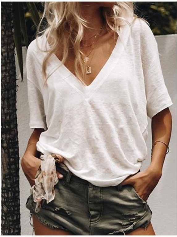 Womens Casual T Shirt V Neck Short Sleeve Solid Color Versatile Everyday Wear Wholesale Available