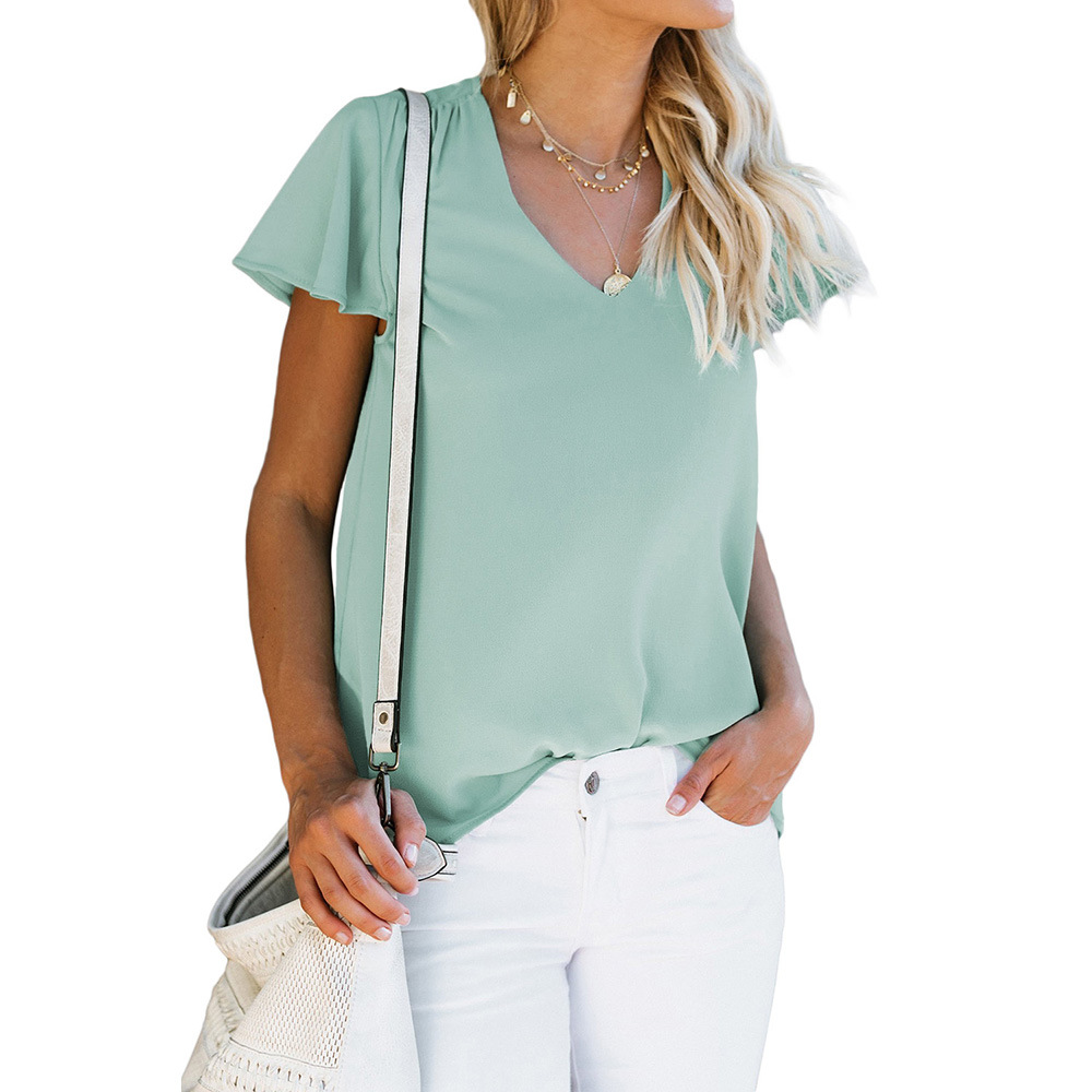 Womens Casual Summer T Shirt Ruffled Sleeve Round Neck Slim Fit Perfect for Everyday Wear Wholesale Available