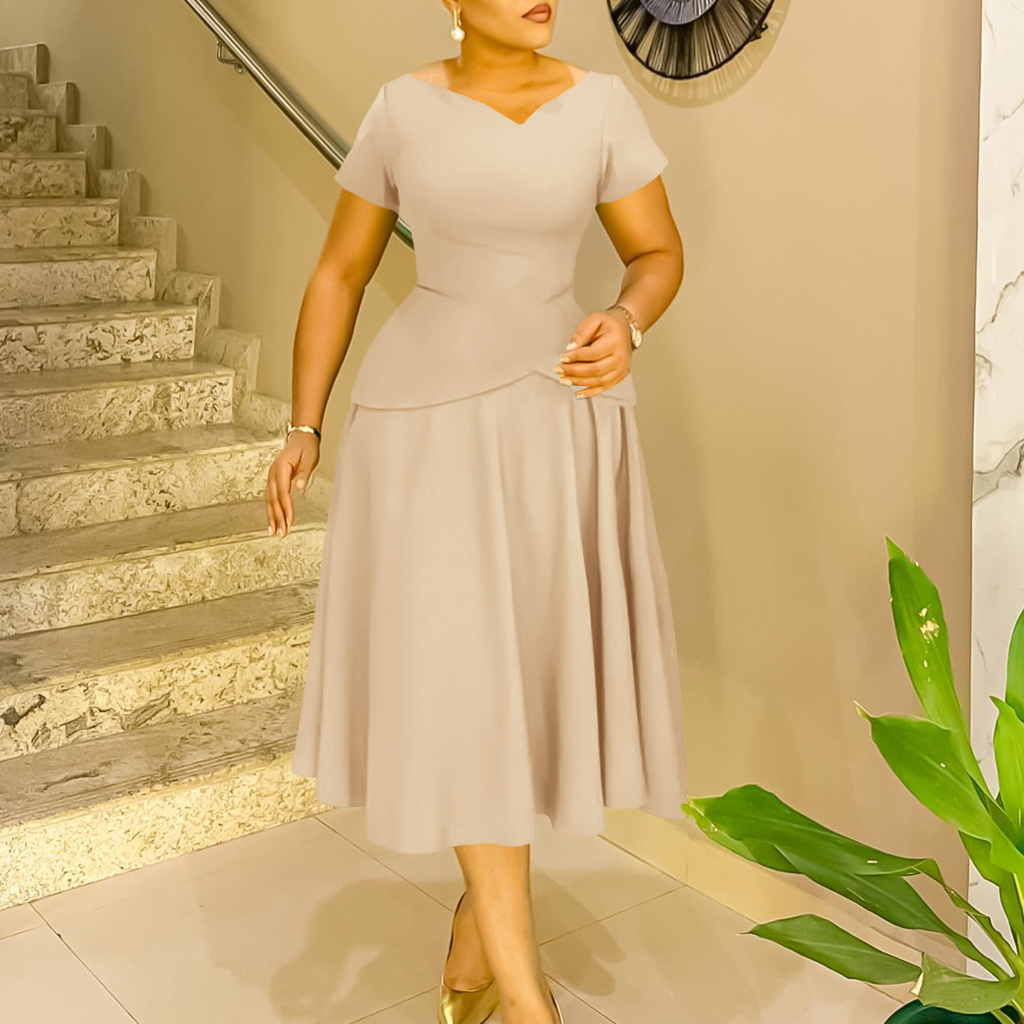 Summer Fashion Women's Solid Color V Neck Short Sleeve A Line Maxi Dress for Africa, Trendy New Arrival for International Mark