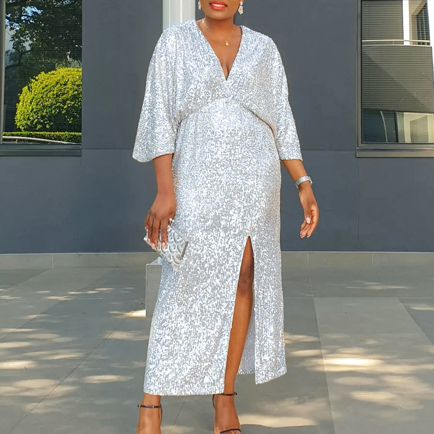 D3308 Plus Size Women's Autumn New Loose V Neck Fashion Sequined Split Long Dress African Plus Size Dress