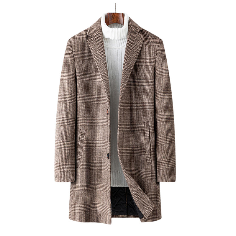 Mens Mid Length Plaid Wool Blend Overcoat Thickened Warm Stylish Perfect for Autumn and Winter Wholesale Available