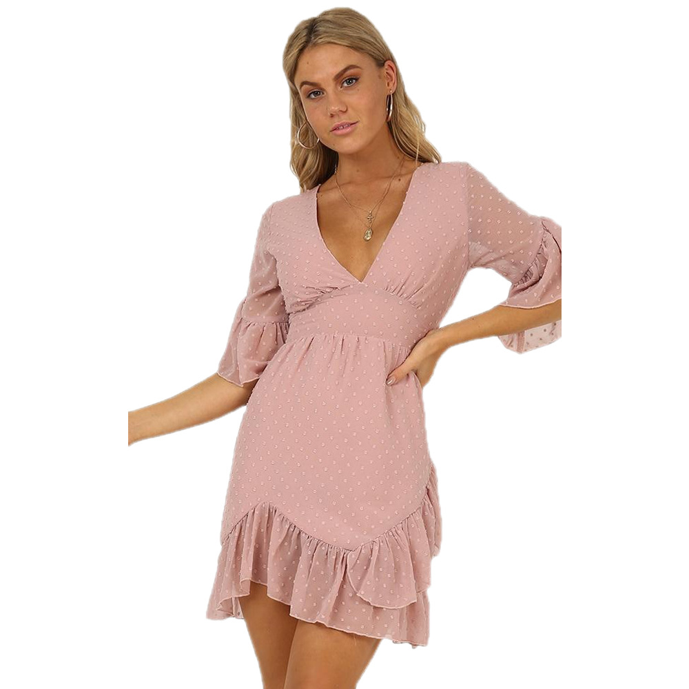 Deep V Neck Ruffle Hem Chiffon Dress Bell Sleeve Floral Cutout Elegant Design Perfect for Summer Events OEM