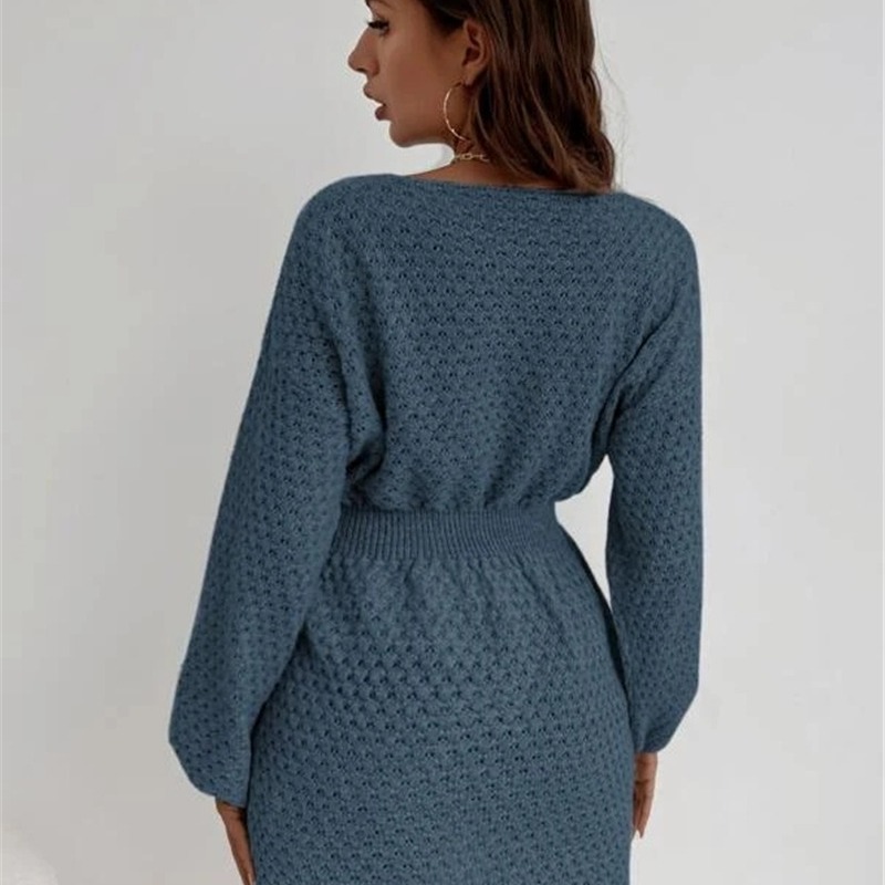 French Style Loose Fit Round Neck Knitted Dress Waist Defining Design Casual Wear for Fall Winter Wholesale Available