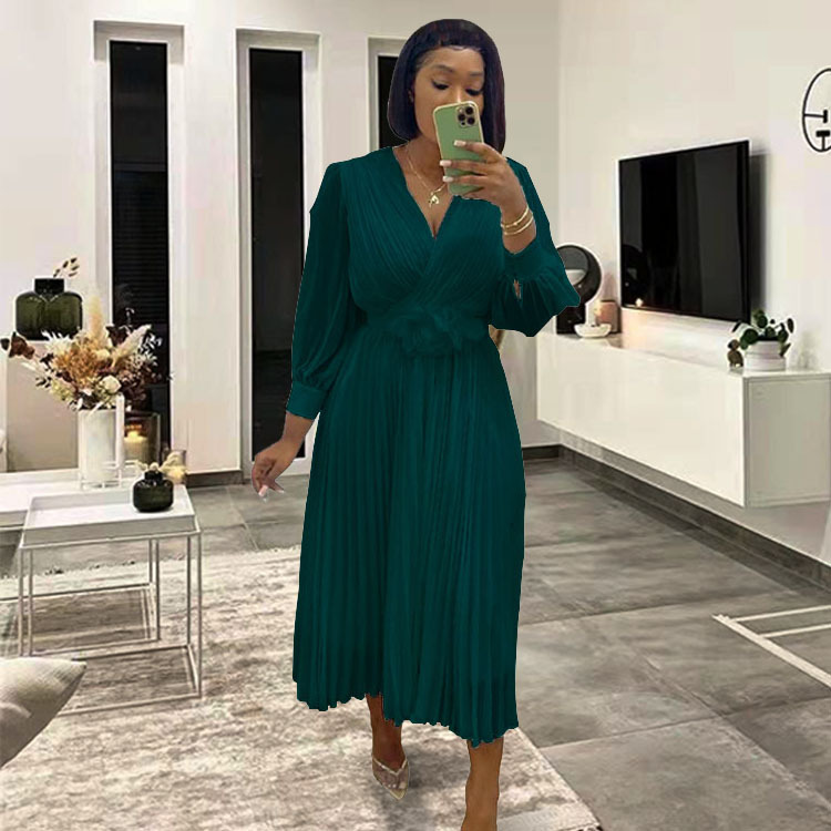 Long Sleeve Solid Color Pleated Dress Waist Defining Elegant Design Perfect for Casual or Formal Occasions Wholesale