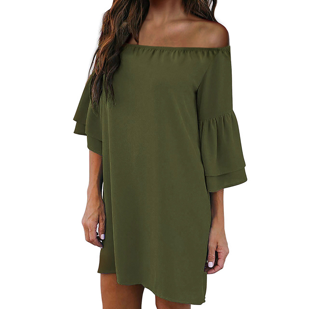 Off Shoulder Dress Ruffle Sleeve Solid Color Casual Style Perfect for Summer Outings Wholesale Available