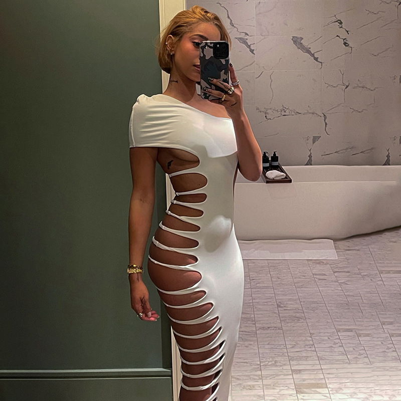 European and American Cross border Spring New Women's Fashion Asymmetrical Neck Sleeveless Solid Color Hollow Sexy Bodycon Dress