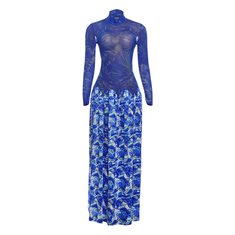 European and American Cross border New Women's Fashion Long Sleeve Half High Neck Personality Printed Mesh Splicing A line Dress