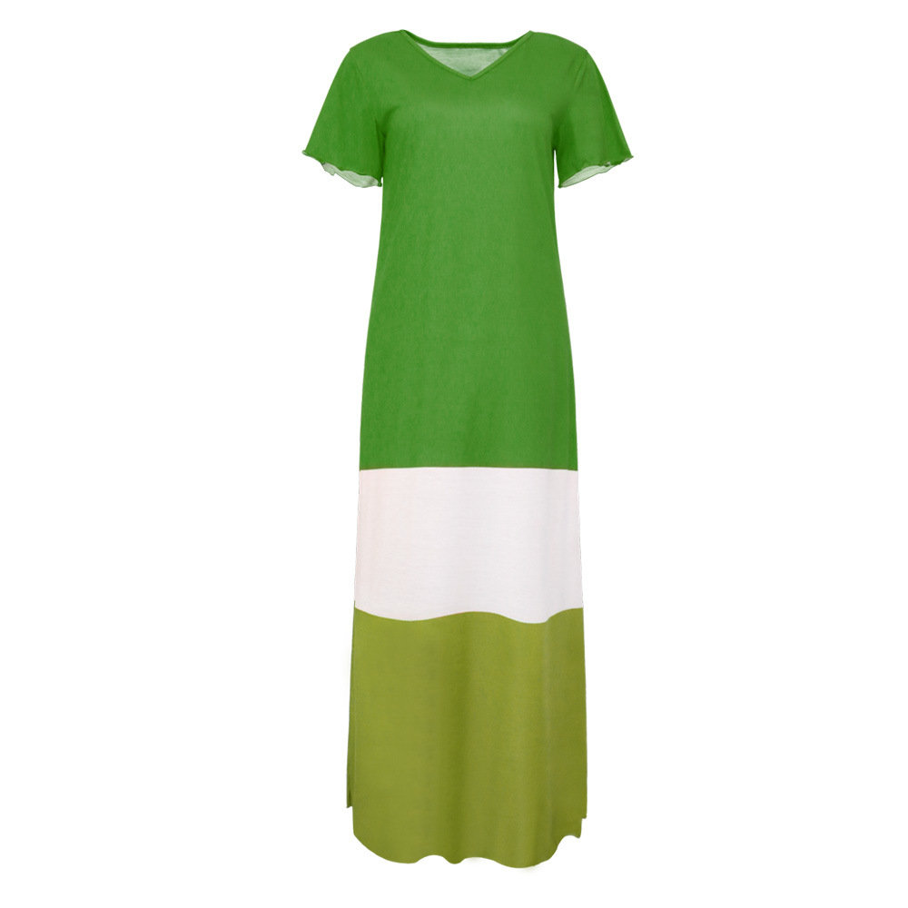 Summer Womens Maxi Dress Color Block Loose Fit V Neck Short Sleeve Casual Wear for Parties or Beach Wholesale