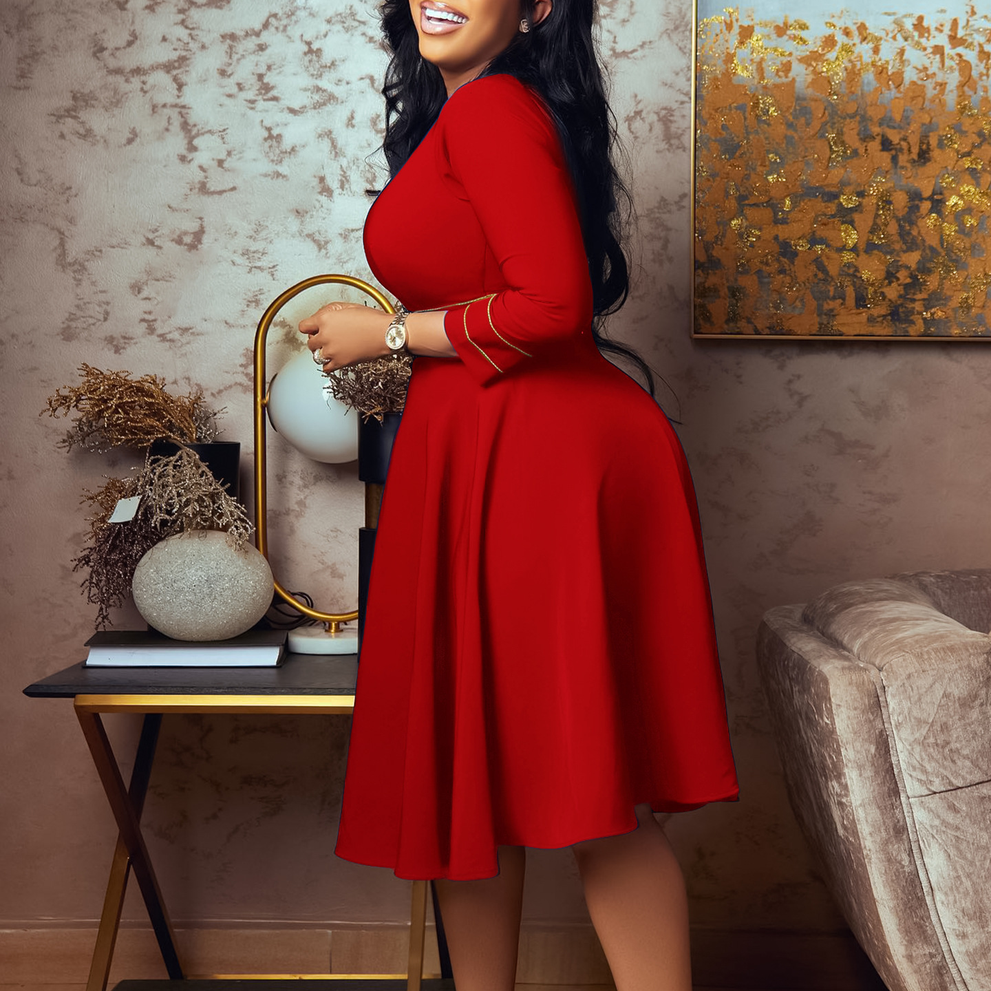 Plus Size African Women's Short Sleeve Stand Collar Fashion Party Maxi Dress with Three Quarter Sleeves for Export