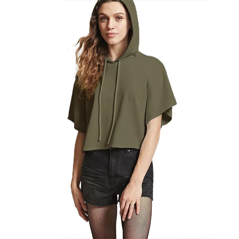 Womens Short Sleeve Hooded Crop Sweatshirt Sexy Design Spring Fashion Comfortable Fabric Wholesale Available