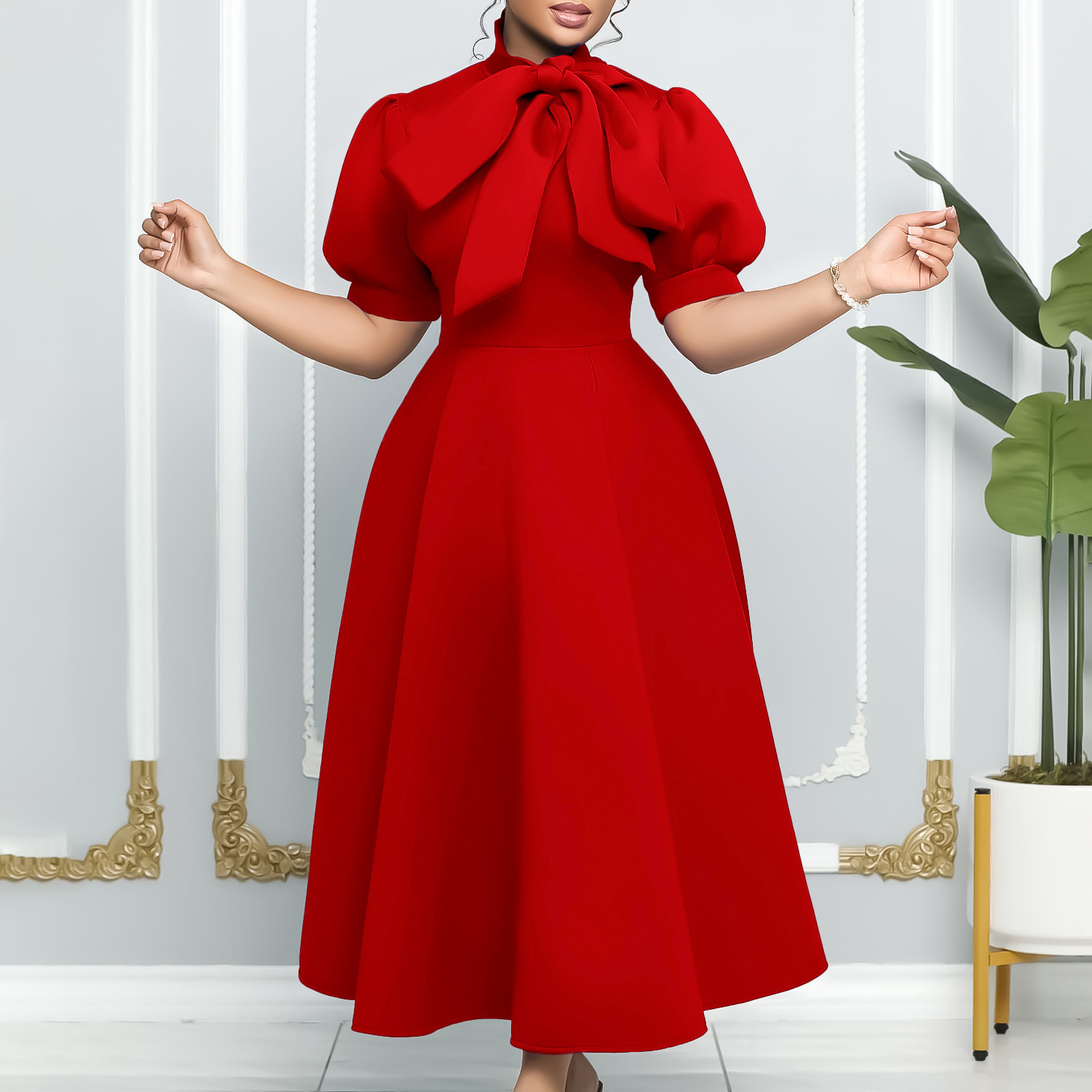 Summer New European and American Style Short Sleeve Bow Tie Puff Party Dress, Elegant Women's Cocktail Dress for Special Occas