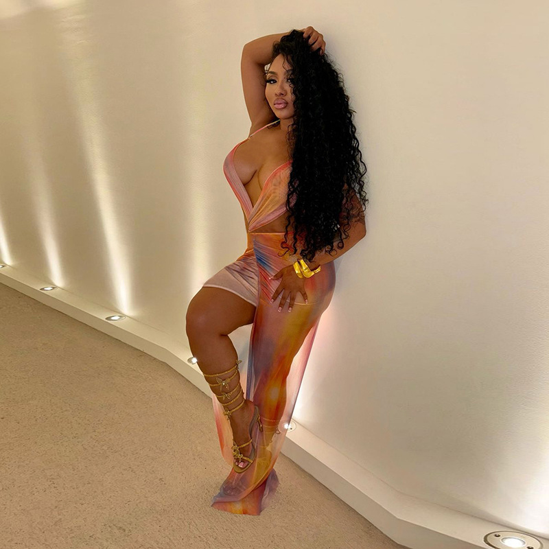 European and American Style Summer New Women's Sexy Halter Backless Tie Dye Printed Mesh Splicing Dress