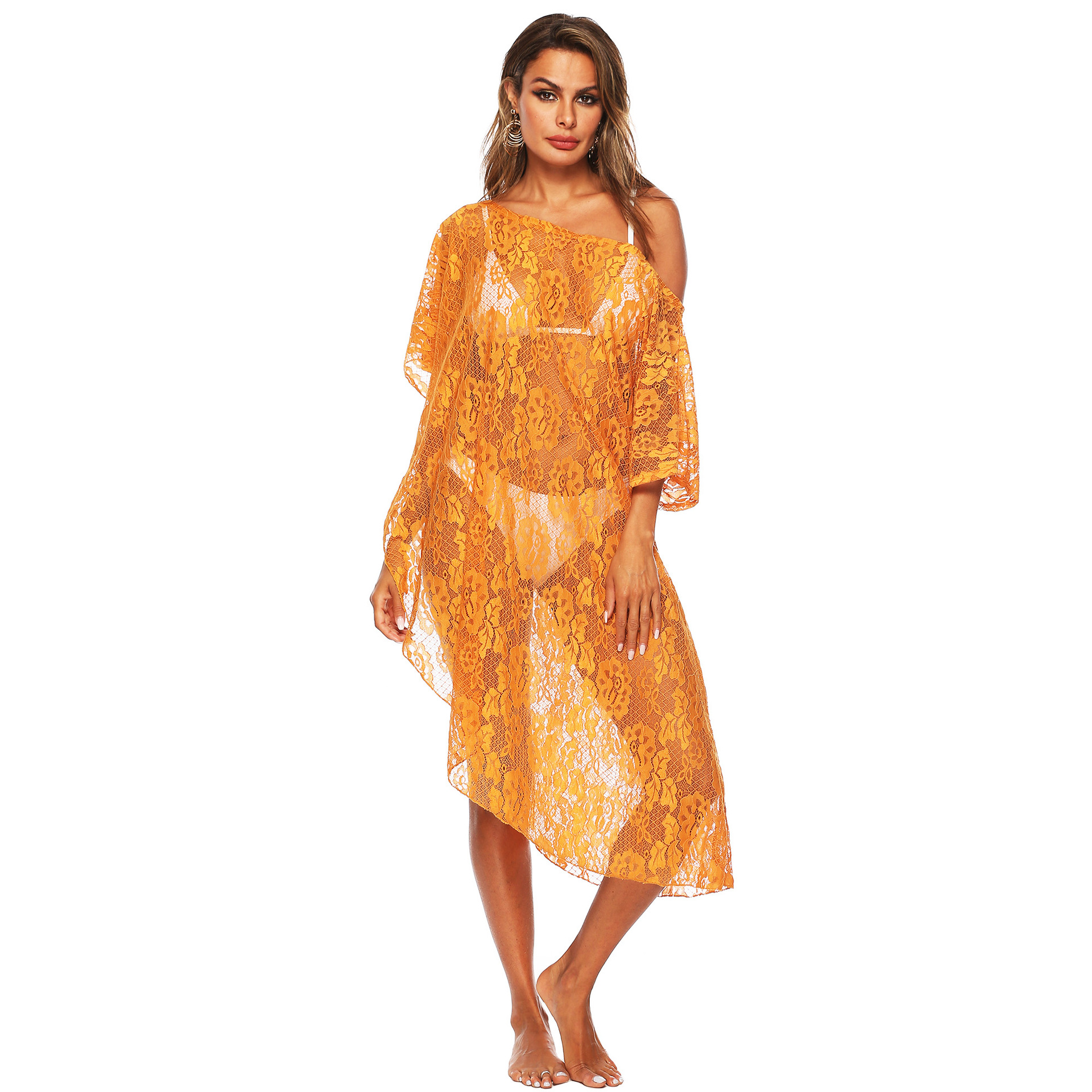 Sheer Lace Beach Cover Up Dress Irregular Asymmetrical Design Sexy Style Lightweight Fabric Summer Swimwear