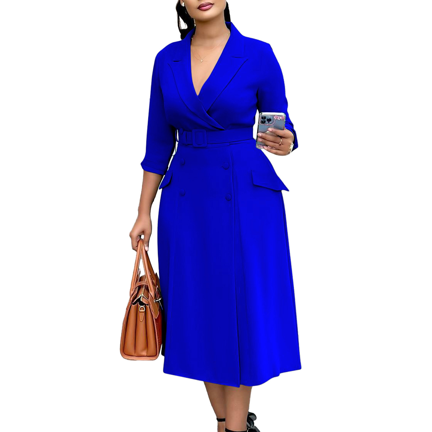 Fashionable Women's Double Breasted Blazer Collar Solid Color Midi Dress for Cross Border Trade, Elegant and Stylish Design